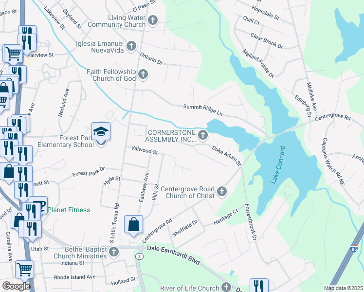 map of restaurants, bars, coffee shops, grocery stores, and more near 1792 Mission Oaks Street in Kannapolis