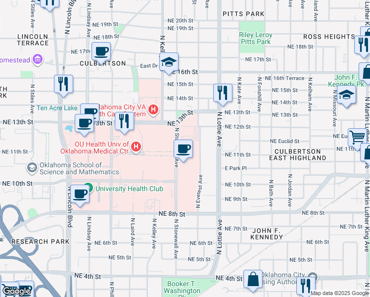 map of restaurants, bars, coffee shops, grocery stores, and more near 1200 North Stonewall Avenue in Oklahoma City