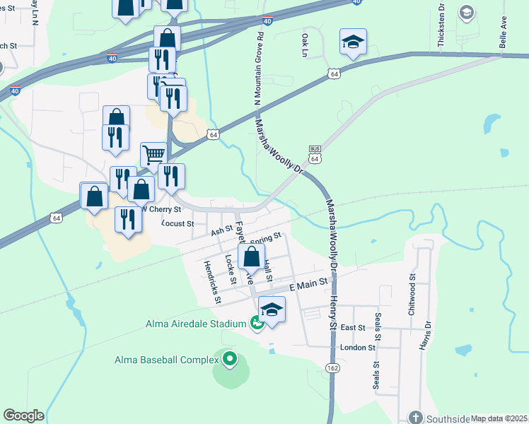 map of restaurants, bars, coffee shops, grocery stores, and more near 177 East Cherry Street in Alma