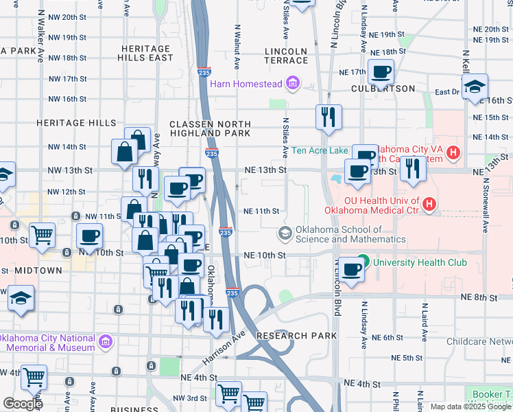 map of restaurants, bars, coffee shops, grocery stores, and more near 229 Northeast 11th Street in Oklahoma City