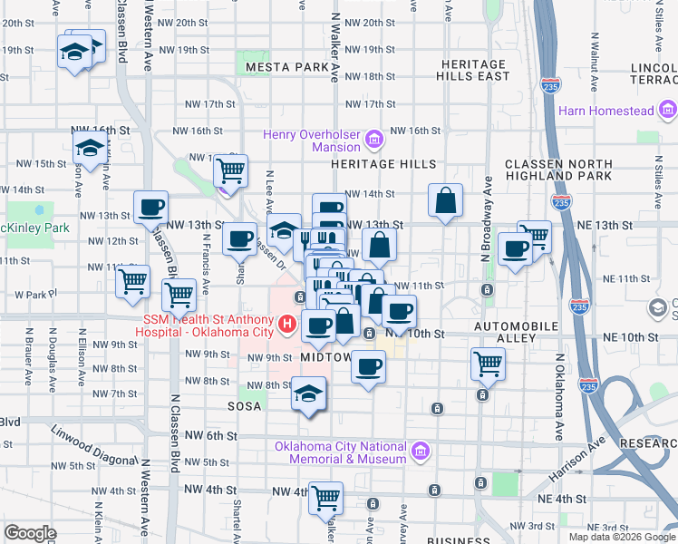 map of restaurants, bars, coffee shops, grocery stores, and more near in Oklahoma City