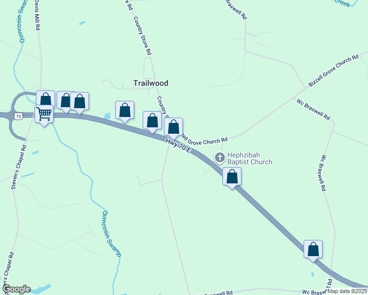 map of restaurants, bars, coffee shops, grocery stores, and more near US Highway 70 East in Smithfield