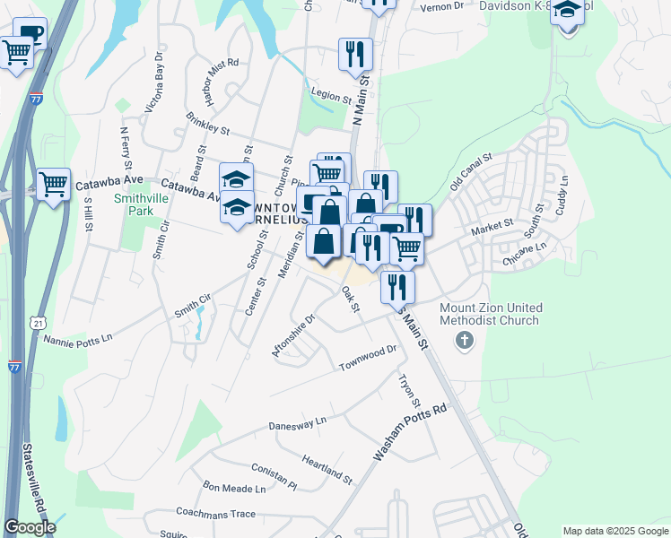 map of restaurants, bars, coffee shops, grocery stores, and more near 21440 Catawba Avenue in Cornelius
