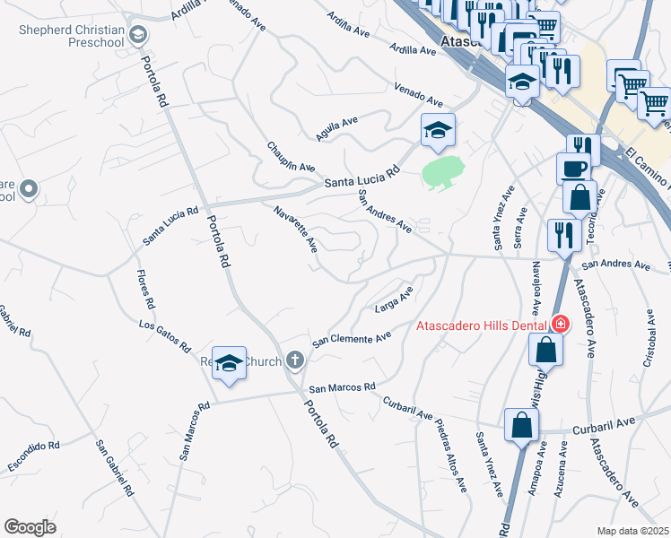 map of restaurants, bars, coffee shops, grocery stores, and more near 6525 Navarette Avenue in Atascadero