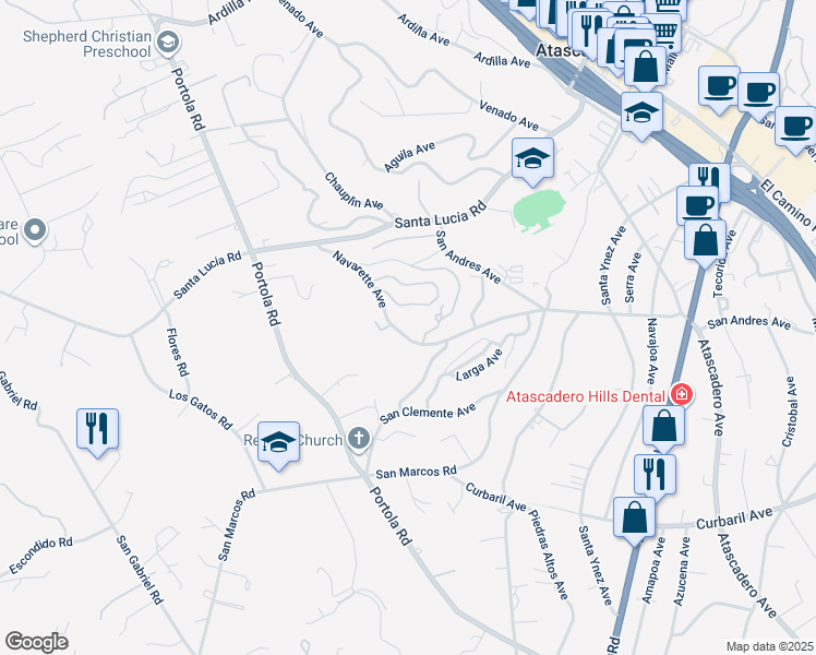 map of restaurants, bars, coffee shops, grocery stores, and more near 6525 Navarette Avenue in Atascadero