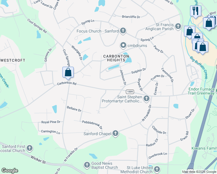map of restaurants, bars, coffee shops, grocery stores, and more near 2021 Sutphin Drive in Sanford