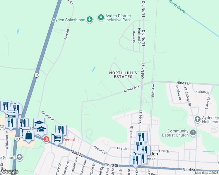 map of restaurants, bars, coffee shops, grocery stores, and more near 3846 Robin Road in Ayden