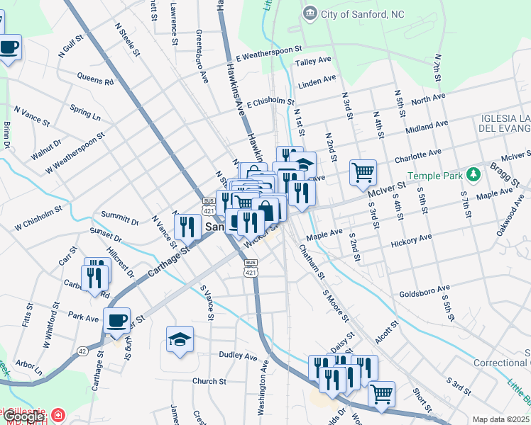 map of restaurants, bars, coffee shops, grocery stores, and more near 106 Charlotte Avenue in Sanford