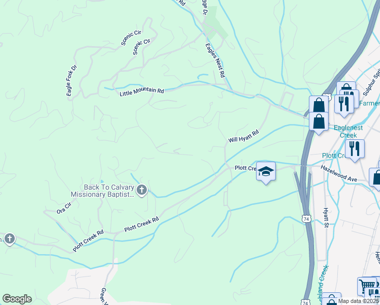 map of restaurants, bars, coffee shops, grocery stores, and more near 527 Cardinal Lane in Waynesville