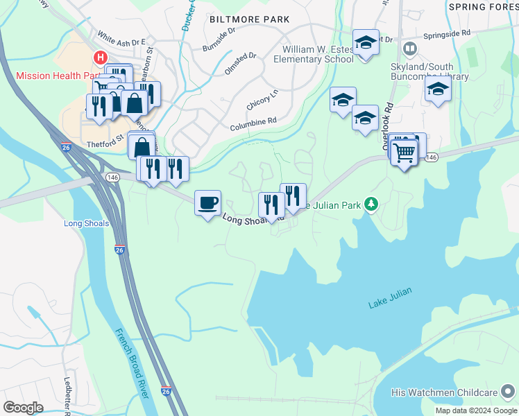 map of restaurants, bars, coffee shops, grocery stores, and more near 300 Long Shoals Road in Arden