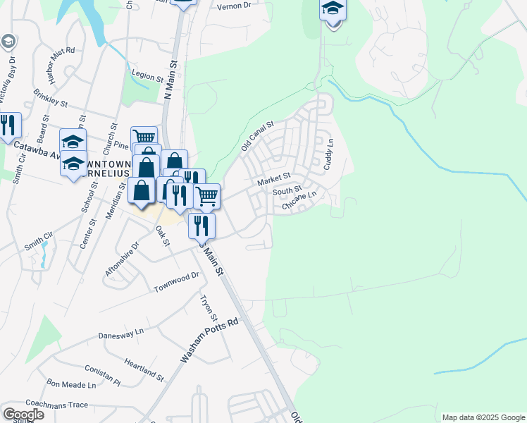 map of restaurants, bars, coffee shops, grocery stores, and more near 20126 Lamp Lighters Way in Cornelius