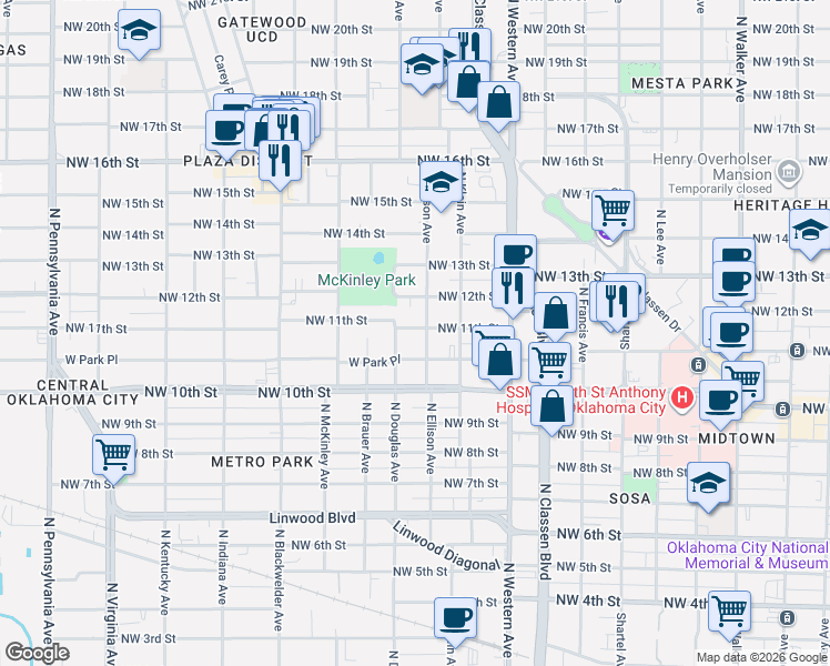 map of restaurants, bars, coffee shops, grocery stores, and more near 1229 Northwest 11th Street in Oklahoma City