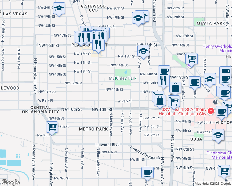 map of restaurants, bars, coffee shops, grocery stores, and more near 1508 Northwest 11th Street in Oklahoma City