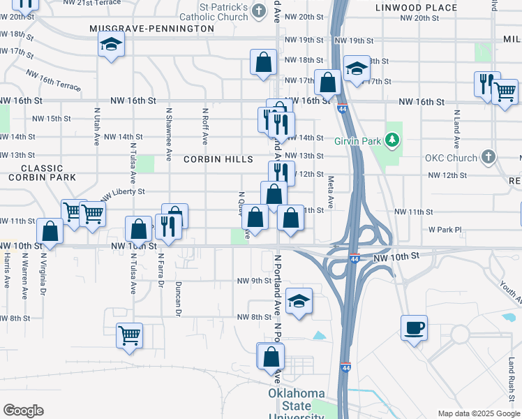 map of restaurants, bars, coffee shops, grocery stores, and more near 3712 Northwest Liberty Street in Oklahoma City
