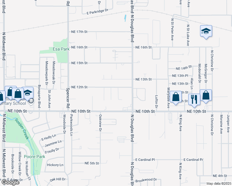 map of restaurants, bars, coffee shops, grocery stores, and more near 1229 Lauren Lane in Oklahoma City