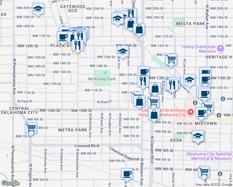 map of restaurants, bars, coffee shops, grocery stores, and more near 1229 Northwest 11th Street in Oklahoma City