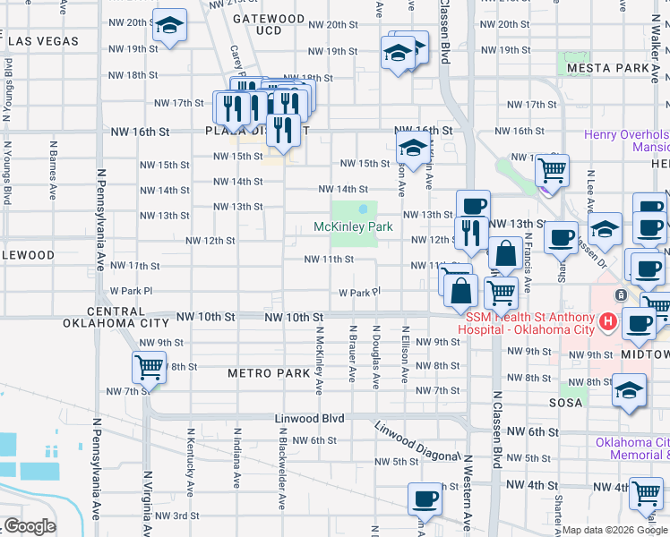 map of restaurants, bars, coffee shops, grocery stores, and more near 1508 Northwest 11th Street in Oklahoma City