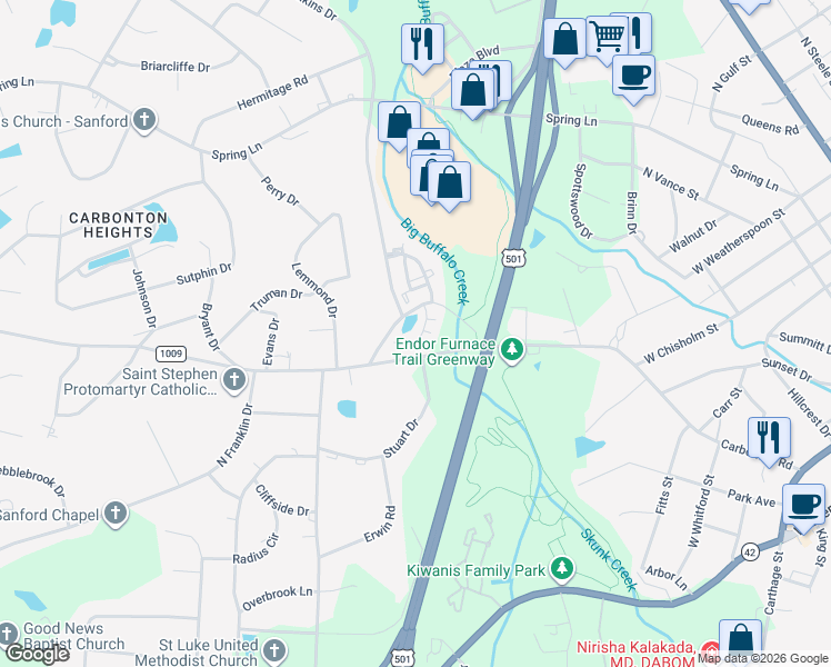 map of restaurants, bars, coffee shops, grocery stores, and more near 1612 Porches Way in Sanford