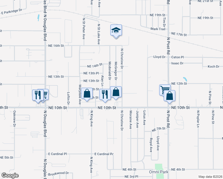 map of restaurants, bars, coffee shops, grocery stores, and more near 1225 Mcdonald Drive in Midwest City