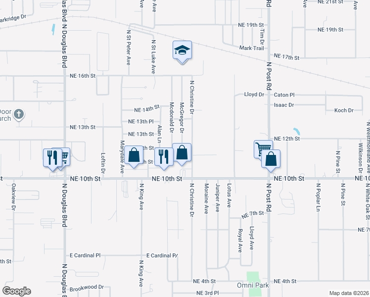 map of restaurants, bars, coffee shops, grocery stores, and more near 1224 McGregor Drive in Midwest City