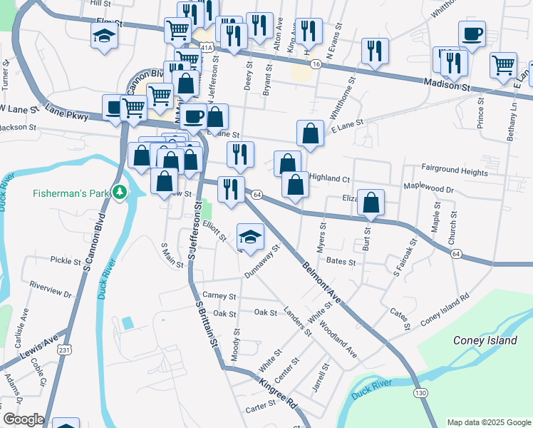 map of restaurants, bars, coffee shops, grocery stores, and more near 420 Depot Street in Shelbyville