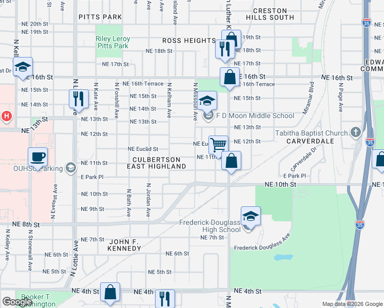 map of restaurants, bars, coffee shops, grocery stores, and more near 1724 Northeast Euclid Street in Oklahoma City