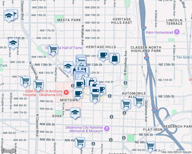 map of restaurants, bars, coffee shops, grocery stores, and more near 406 Northwest 12th Street in Oklahoma City