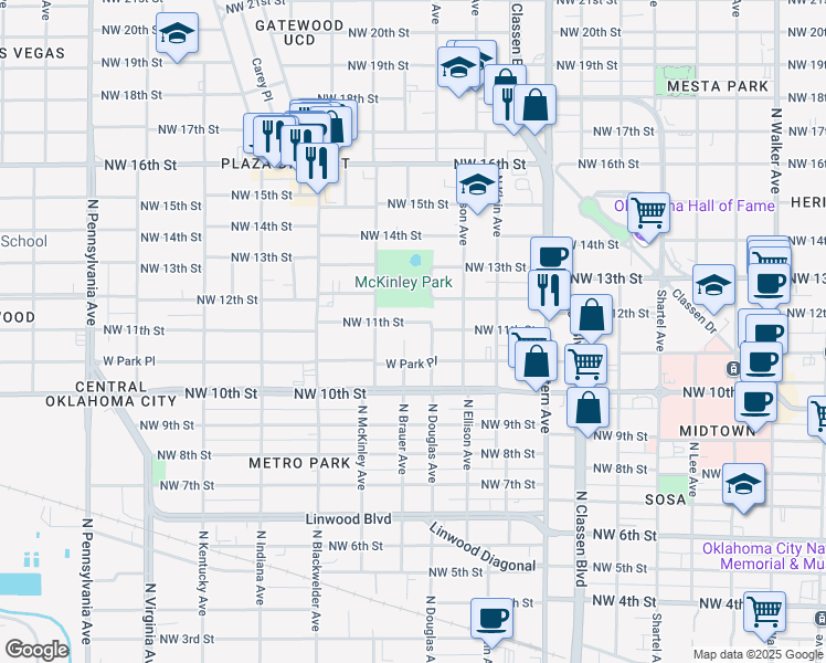 map of restaurants, bars, coffee shops, grocery stores, and more near 1321 Northwest 11th Street in Oklahoma City