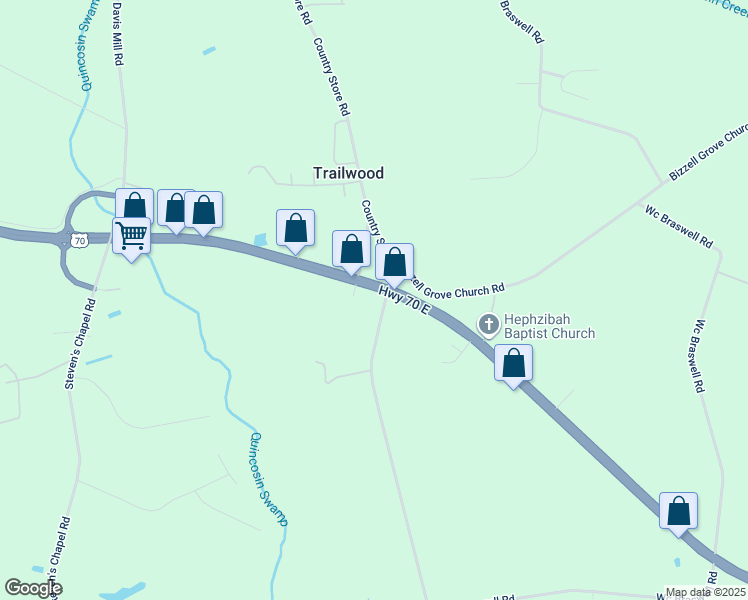 map of restaurants, bars, coffee shops, grocery stores, and more near 4384 US Highway 70 East in Smithfield