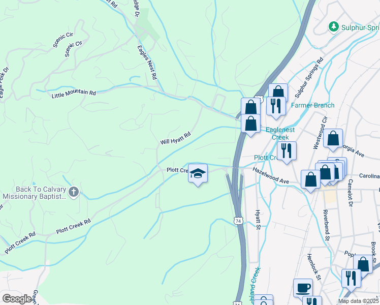 map of restaurants, bars, coffee shops, grocery stores, and more near 274 Valley View Terrace in Waynesville