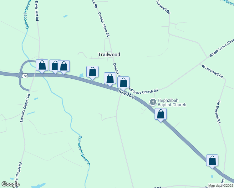 map of restaurants, bars, coffee shops, grocery stores, and more near 4384 US Highway 70 East in Smithfield