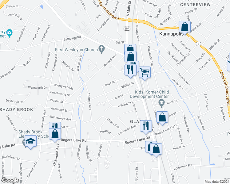 map of restaurants, bars, coffee shops, grocery stores, and more near 303 Walker Street in Kannapolis