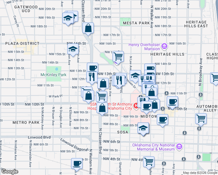 map of restaurants, bars, coffee shops, grocery stores, and more near 1217 North Francis Avenue in Oklahoma City