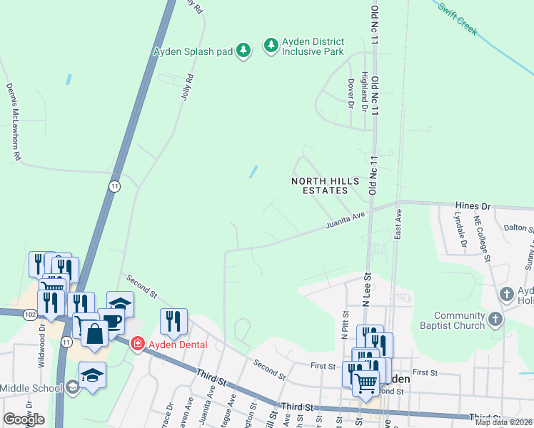 map of restaurants, bars, coffee shops, grocery stores, and more near 3801 North Hills Drive in Ayden