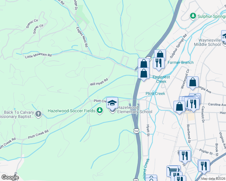 map of restaurants, bars, coffee shops, grocery stores, and more near 274 Valley View Terrace in Waynesville