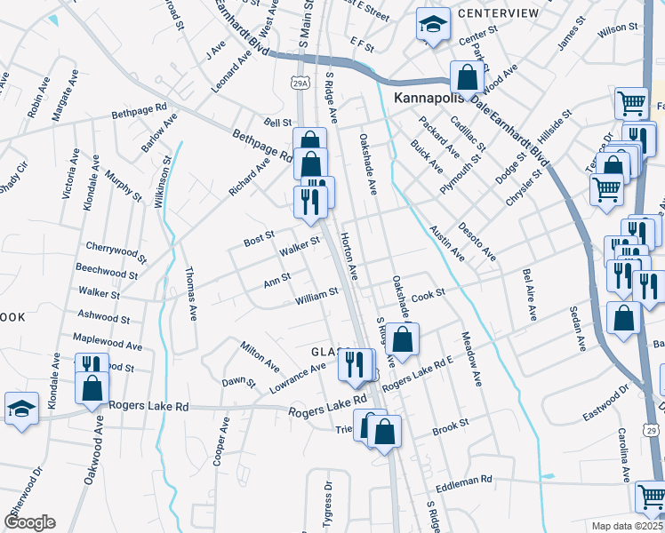 map of restaurants, bars, coffee shops, grocery stores, and more near 1110 South Main Street in Kannapolis