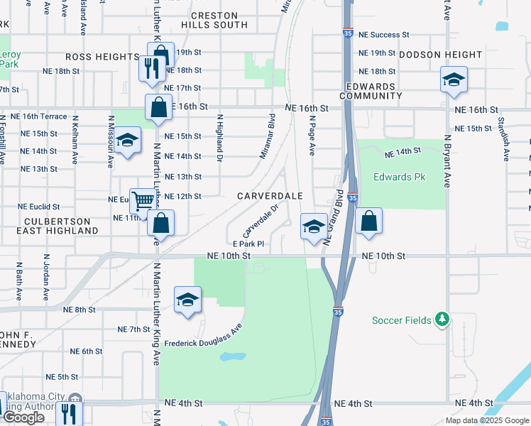 map of restaurants, bars, coffee shops, grocery stores, and more near 1201 Carverdale Drive in Oklahoma City