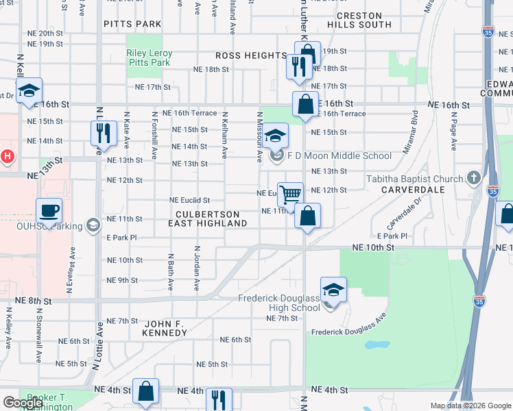 map of restaurants, bars, coffee shops, grocery stores, and more near 1808 Northeast Euclid Street in Oklahoma City