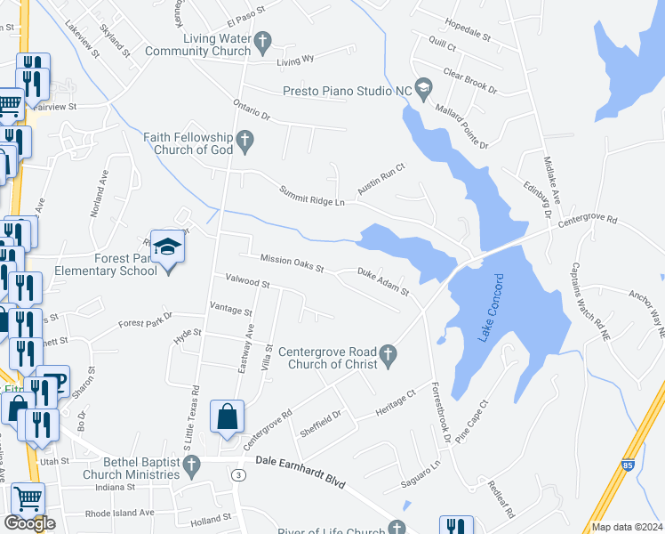 map of restaurants, bars, coffee shops, grocery stores, and more near 1805 Mission Oaks Street in Kannapolis