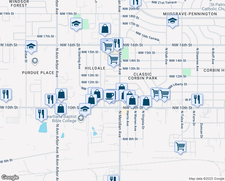 map of restaurants, bars, coffee shops, grocery stores, and more near 4509 Northwest 11th Street in Oklahoma City