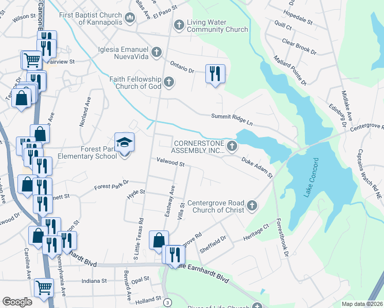 map of restaurants, bars, coffee shops, grocery stores, and more near 1763 Mission Oaks Street in Kannapolis