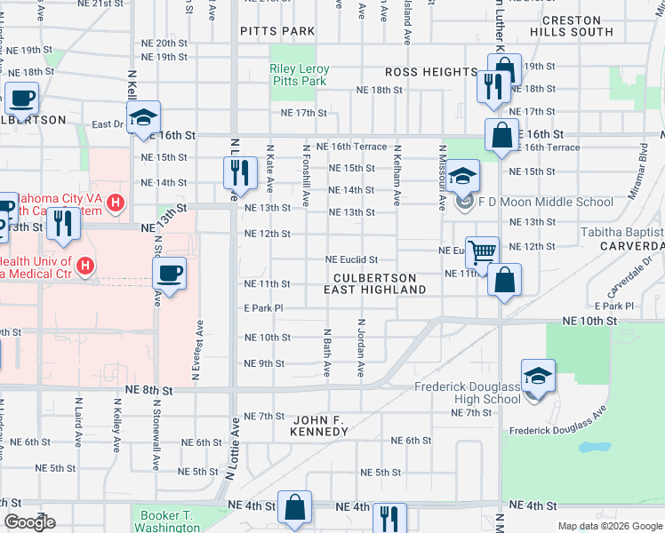 map of restaurants, bars, coffee shops, grocery stores, and more near 1501 Northeast 11th Street in Oklahoma City