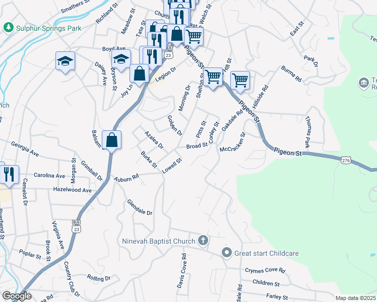 map of restaurants, bars, coffee shops, grocery stores, and more near 52 Broad Street in Waynesville