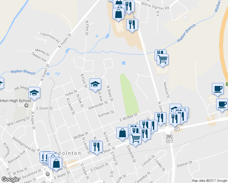 map of restaurants, bars, coffee shops, grocery stores, and more near 624 North State Street in Lincolnton