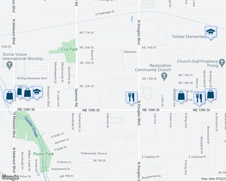map of restaurants, bars, coffee shops, grocery stores, and more near 1228 Karen Lane in Midwest City