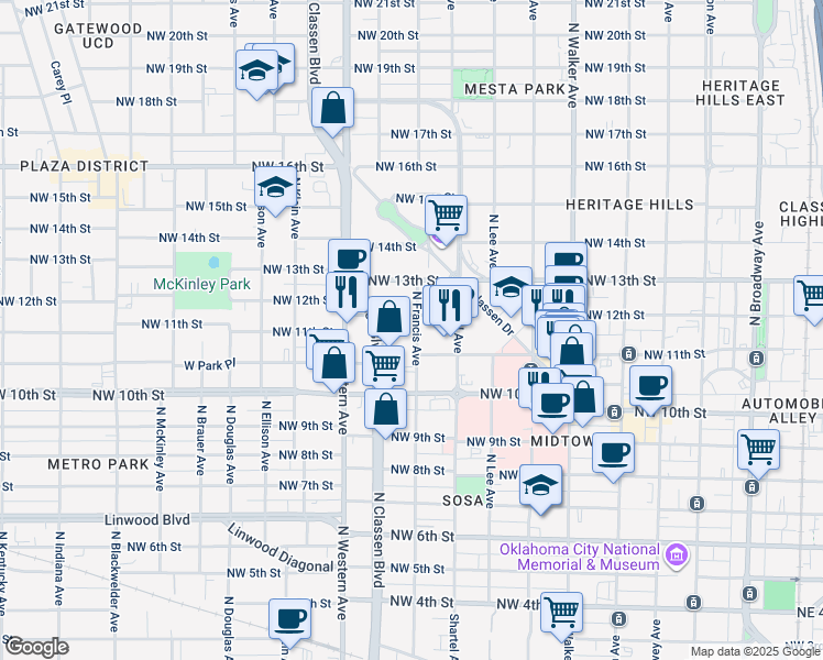 map of restaurants, bars, coffee shops, grocery stores, and more near 900 Northwest 12th Street in Oklahoma City