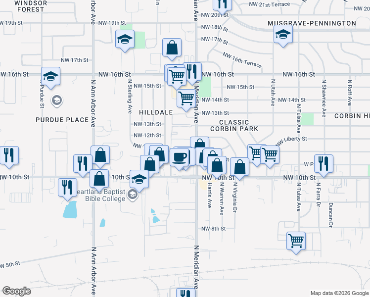 map of restaurants, bars, coffee shops, grocery stores, and more near 4509 Northwest 11th Street in Oklahoma City