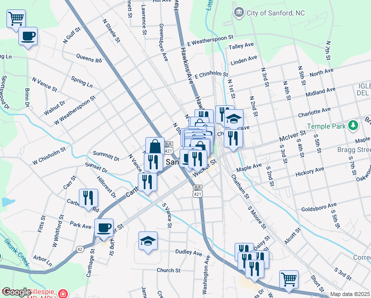 map of restaurants, bars, coffee shops, grocery stores, and more near 204 Saint Clair Court in Sanford