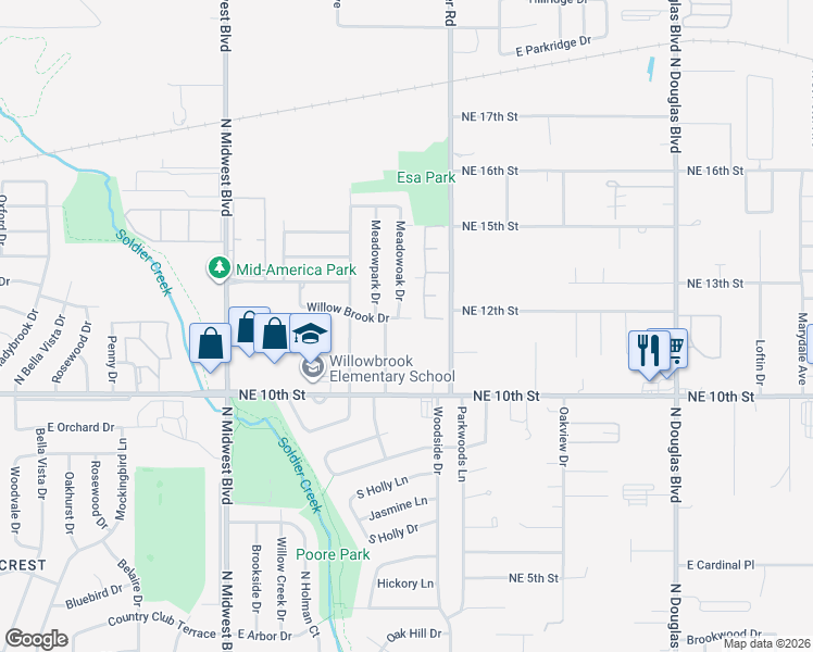 map of restaurants, bars, coffee shops, grocery stores, and more near 1100 Willow Brook Drive in Midwest City