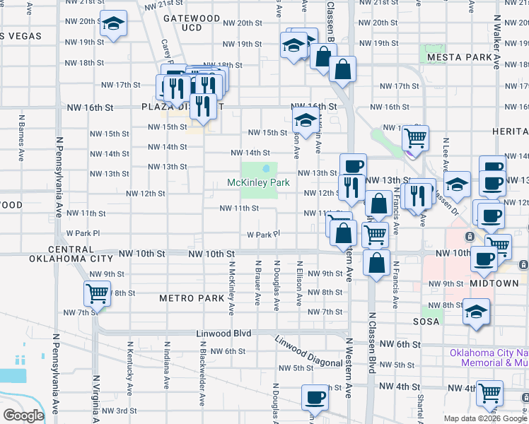 map of restaurants, bars, coffee shops, grocery stores, and more near 1416 Northwest 11th Street in Oklahoma City